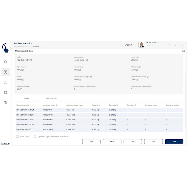 Software EasyTouch SET-16 Batch and Statistics